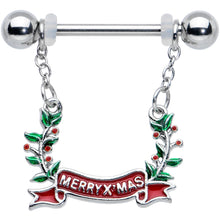 Load image into Gallery viewer, 14G 9/16 Festive Merry Christmas Chain Dangle Nipple Ring Set

