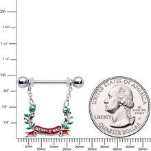 Load image into Gallery viewer, 14G 9/16 Festive Merry Christmas Chain Dangle Nipple Ring Set
