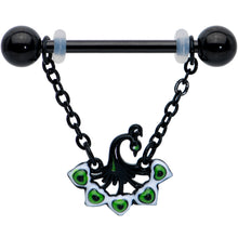 Load image into Gallery viewer, 14G 11/16 Black Green Peacock Dangle Barbell Nipple Ring Set
