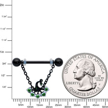 Load image into Gallery viewer, 14G 11/16 Black Green Peacock Dangle Barbell Nipple Ring Set
