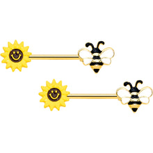 Load image into Gallery viewer, 14G 9/16 Gold Tone Bee Smiley Sunflower Barbell Nipple Ring Set
