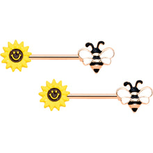 Load image into Gallery viewer, 14G 9/16 Rose Gold Hue Bee Smiley Sunflower Nipple Ring Set
