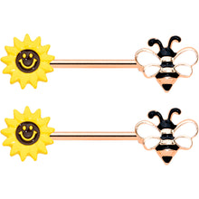 Load image into Gallery viewer, 14G 9/16 Rose Gold Hue Bee Smiley Sunflower Nipple Ring Set
