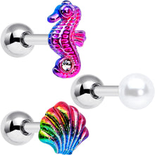 Load image into Gallery viewer, 16G 1/4 Nautical Rainbow Shell Seahorse Cartilage Tragus Set of 3
