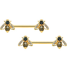 将图片加载到图库查看器，14G 9/16 Clear Black Gem Gold Tone Angular Bee Nipple Ring Set
