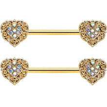 Load image into Gallery viewer, 14G 9/16 Aurora Gem Gold Tone Baroque Heart Nipple Ring Set
