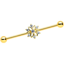 将图片加载到图库查看器，14G Clear Gold Tone Flower SnowflakeChristmas Industrial Barbell 38mm
