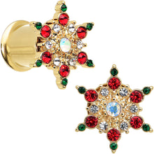 Load image into Gallery viewer, Red Green Gem Gold Tone Bright Christmas Double Flare Plug Set
