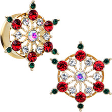 Load image into Gallery viewer, Red Green Gem Gold Tone Bright Christmas Double Flare Plug Set
