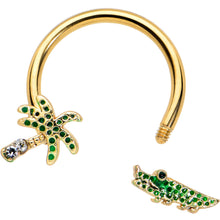 将图片加载到图库查看器，16G 3/8 Gold Tone Green Gator Palm Tree Horseshoe Curved Barbell
