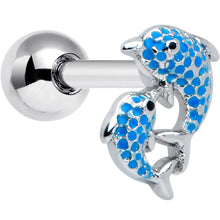 Load image into Gallery viewer, 16G 1/4 Black Gem Blue Leaping Dolphins Cartilage Tragus Earring

