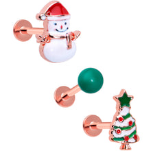 Load image into Gallery viewer, 16G 5/16 Red Gem Rose Gold Tone Snowman Christmas Labret Set of 3
