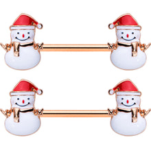 Load image into Gallery viewer, 14G 9/16 Rose Gold Tone Smiling Snowman Christmas Nipple Ring Set
