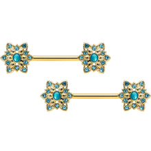 Load image into Gallery viewer, 14G 9/16 Aqua Gem Gold Tone Snowflake Christmas Nipple Ring Set
