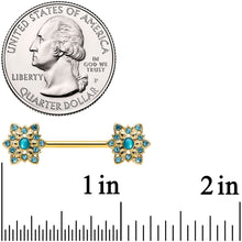 Load image into Gallery viewer, 14G 9/16 Aqua Gem Gold Tone Snowflake Christmas Nipple Ring Set
