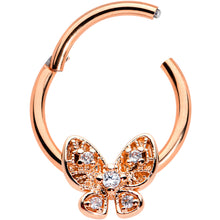 Load image into Gallery viewer, 16G 3/8 Clear Gem Rose Gold Hue Airy Butterfly Hinged Segment Ring
