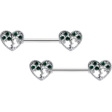 Load image into Gallery viewer, 14G 9/16 Green Gem Heart Tree Valentine Nipple Ring Set

