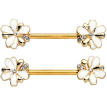 Load image into Gallery viewer, 14G 9/16 Clear Gem Gold Tone Feeding Bee Barbell Nipple Ring Set
