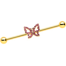 Load image into Gallery viewer, 14G Pink Gem Gold Tone Simple Butterfly Industrial Barbell 38mm
