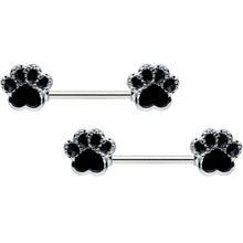 Load image into Gallery viewer, 14G 9/16 Textured Black Paw Print Barbell Nipple Ring Set
