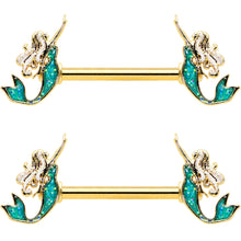 Load image into Gallery viewer, 14G 9/16 Green Faux Opal Gold Tone Curvy Mermaid Nipple Ring Set
