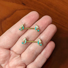 Load image into Gallery viewer, 14G 9/16 Green Faux Opal Gold Tone Curvy Mermaid Nipple Ring Set

