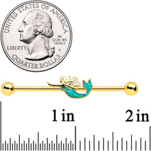 Load image into Gallery viewer, 14G Green Faux Opal Gold Hue Tone Mermaid Industrial Barbell 38mm
