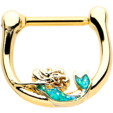 Load image into Gallery viewer, 16G 5/16 Green Faux Opal Gold Hue Curvy Mermaid Cartilage Clicker
