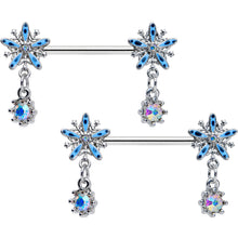 Load image into Gallery viewer, 14G 9/16 Aurora Gem Snowflake Blues Christmas Nipple Ring Set

