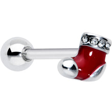Load image into Gallery viewer, Clear CZ Gem Festive Red Stocking Christmas Barbell Tongue Ring
