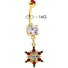 Load image into Gallery viewer, Aurora Red Green Gem Gold Tone Christmas Star Holiday Dangle Belly Ring
