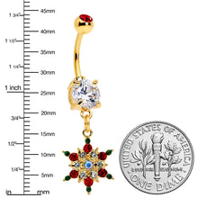 Load image into Gallery viewer, Aurora Red Green Gem Gold Tone Christmas Star Holiday Dangle Belly Ring

