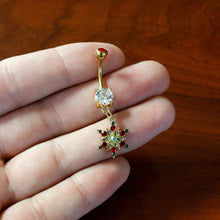 Load image into Gallery viewer, Aurora Red Green Gem Gold Tone Christmas Star Holiday Dangle Belly Ring
