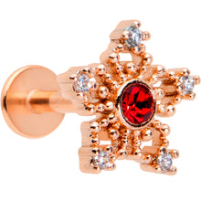 Load image into Gallery viewer, 16G 1/4 Red Gem Rose Gold Tone Texture Snowflake Labret Tragus

