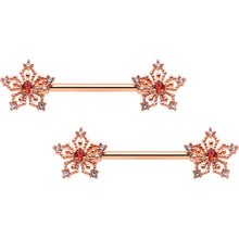 Load image into Gallery viewer, 14G 9/16 Red Gem Rosy Hue Texture Snowflake Barbell Nipple Ring Set
