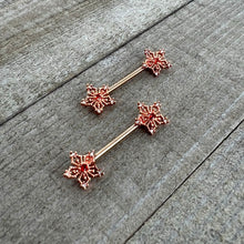 Load image into Gallery viewer, 14G 9/16 Red Gem Rosy Hue Texture Snowflake Barbell Nipple Ring Set

