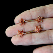 Load image into Gallery viewer, 14G 9/16 Red Gem Rosy Hue Texture Snowflake Barbell Nipple Ring Set
