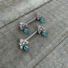 将图片加载到图库查看器，14G 9/16 Blue Gem Scrolling Elegance Dangle Nipple Ring Set
