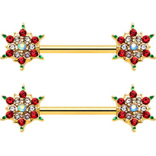 Load image into Gallery viewer, 14G 9/16 Red Gem Gold Hue Bright Christmas Barbell Nipple Ring Set
