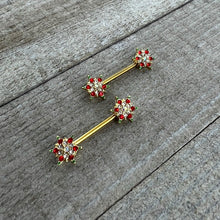 Load image into Gallery viewer, 14G 9/16 Red Gem Gold Hue Bright Christmas Barbell Nipple Ring Set
