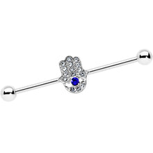 Load image into Gallery viewer, 14G Clear Blue Gem Hamsa Hand Eye Industrial Barbell 38mm
