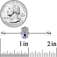 Load image into Gallery viewer, 14G Clear Blue Gem Hamsa Hand Eye Industrial Barbell 38mm
