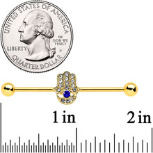 Load image into Gallery viewer, 14G Blue Gem Gold Tone Hamsa Hand Eye Industrial Barbell 38mm
