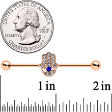 Load image into Gallery viewer, 14G Blue Gem Rose Gold Tone Hamsa Hand Eye Industrial Barbell 38mm
