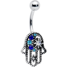 Load image into Gallery viewer, Clear Blue Gem Textured Hamsa Hand Belly Ring
