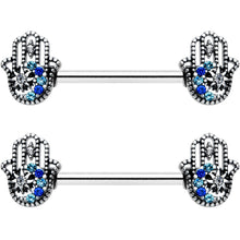 将图片加载到图库查看器，14G 9/16 Clear Blue Gem Textured Hamsa Hand Nipple Ring Set
