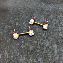 Load image into Gallery viewer, 14G 1/2 Clear Gem Gold Tone Decorated Santa Barbell Nipple Ring Set
