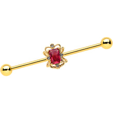 Load image into Gallery viewer, 14G Red Gem Gold Tone Regal Escutcheon Industrial Barbell 38mm
