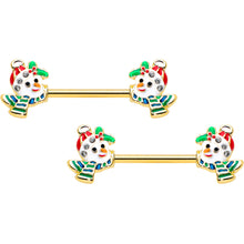Load image into Gallery viewer, 14G 9/16 Clear Gem Gold Tone Snowman Christmas Nipple Ring Set
