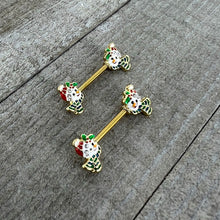 Load image into Gallery viewer, 14G 9/16 Clear Gem Gold Tone Snowman Christmas Nipple Ring Set
